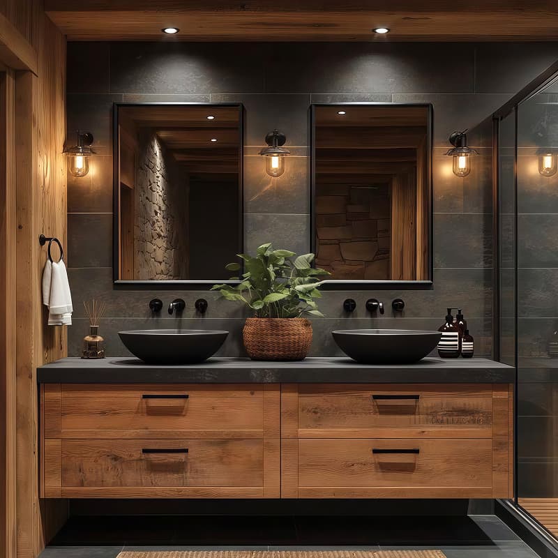 Bathroom vanity with mirror and wall sconce