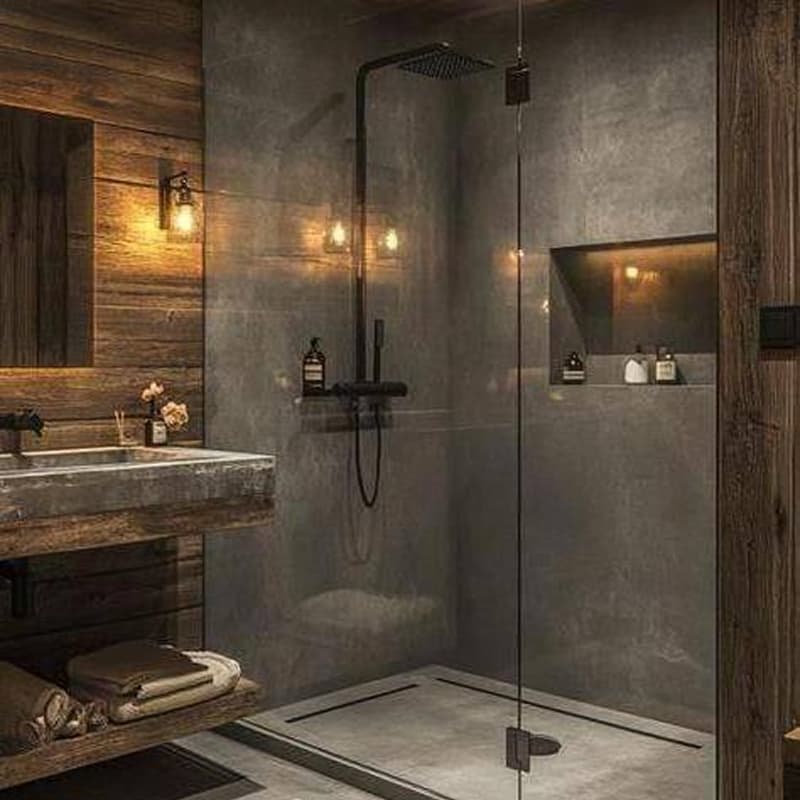 Walk-in shower with glass door and tile walls