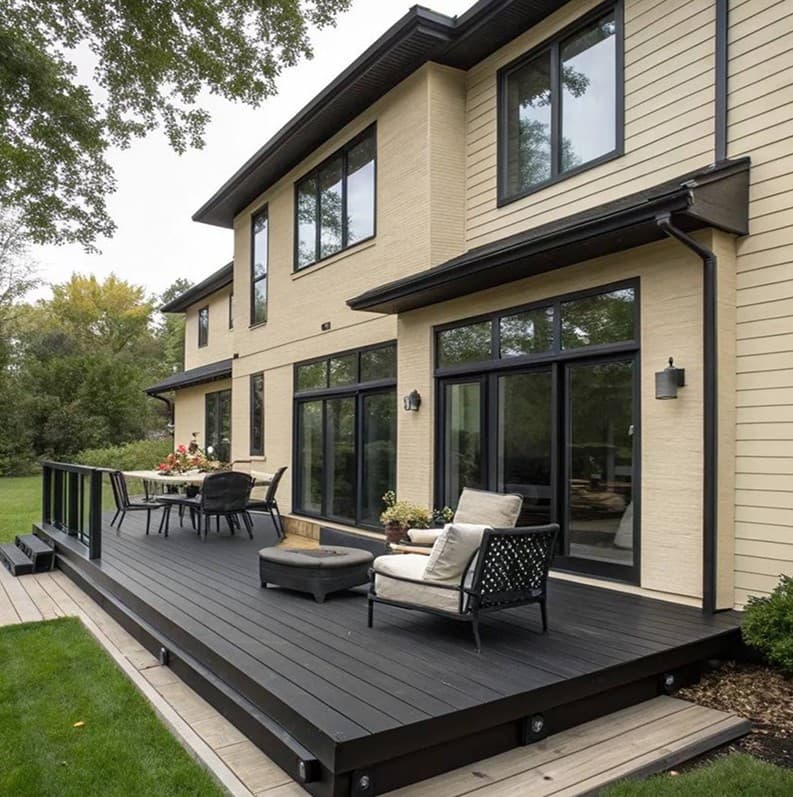 Elevated deck with metal railing