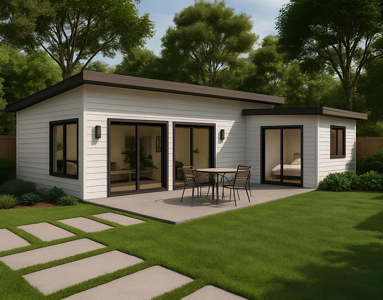 Modern single-story house with patio and garden